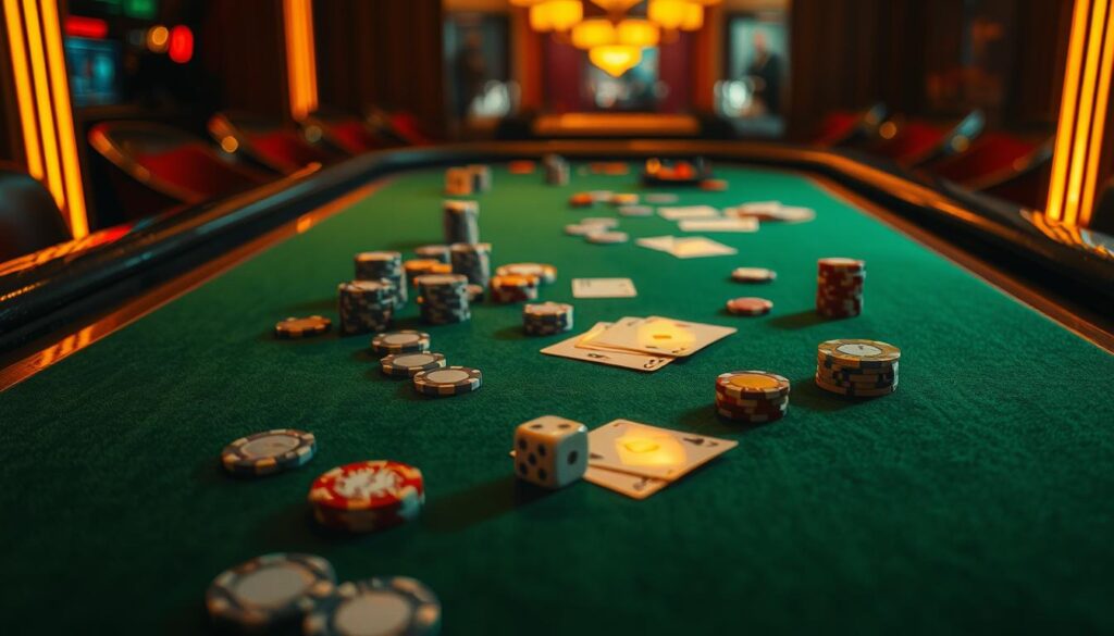 A detailed table covered in a green felt surface, illuminated by warm overhead lighting. On the table, various casino chips, cards, and a pair of dice are neatly arranged, creating a visually captivating composition. The scene exudes an air of sophistication and strategic contemplation, hinting at the intricacies of the popular casino game, Baccarat. The background is softly blurred, allowing the table and its accoutrements to take center stage, inviting the viewer to immerse themselves in the art of this classic gaming experience.