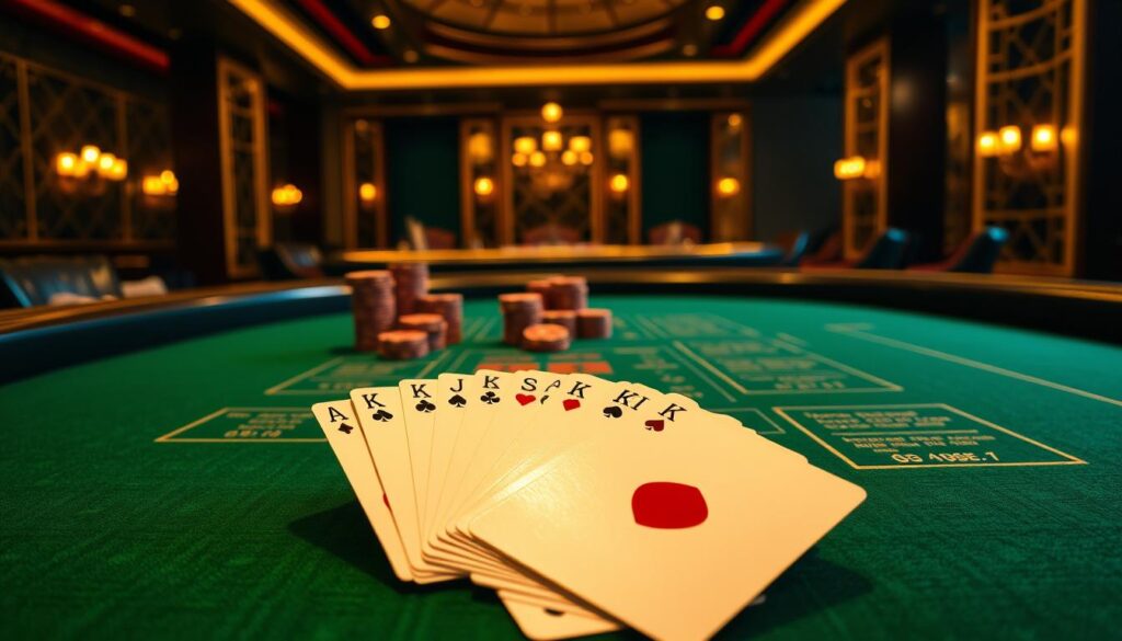 A detailed table with the basic rules of Baccarat, set against a sumptuous green felt background, illuminated by warm, golden lighting. In the foreground, a pristine deck of cards, fanned out, contrasting with the sleek, polished surface of the table. The middle ground features elegant casino chips in various denominations, neatly arranged, hinting at the strategic nature of the game. In the background, a luxurious, dimly lit casino interior, with subtle patterns and textures that evoke an atmosphere of sophistication and exclusivity. The overall composition conveys the timeless elegance and time-honored traditions of the classic card game.