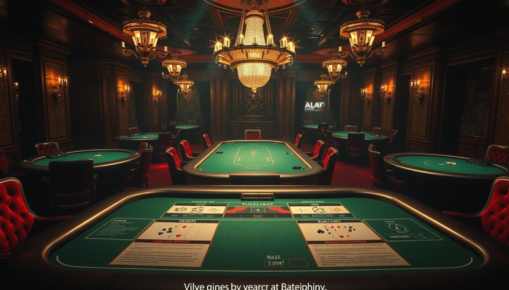 A detailed table with the rules and gameplay of the classic casino game Baccarat, set against a dimly lit casino interior with plush velvet upholstery, ornate chandeliers, and the faint glow of green felt gambling tables. The scene has a sophisticated, luxurious atmosphere, conveying the high-stakes, refined nature of the game. The table is the focal point, displaying the step-by-step flow of a Baccarat round, with clear iconography and visual aids to explain the fundamentals. The lighting is warm and dramatic, creating a sense of anticipation and excitement. The overall composition is balanced and visually striking, making it an effective illustrative accompaniment to the article's section on Baccarat's basic rules and gameplay.