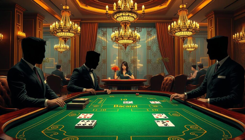 A detailed tabletop illustration of the traditional Chinese casino game Baccarat. The foreground depicts the iconic green felt gaming table, with various betting areas and the iconic Baccarat cards displayed. The middle ground shows the dealer and players engaged in the game, their faces obscured to maintain focus on the table itself. The background features a luxurious casino interior, with ornate chandeliers, plush curtains, and a sense of elegant sophistication. The lighting is soft and warm, creating a cozy, inviting atmosphere. The overall composition conveys the sense of a classic, time-honored gaming experience steeped in the traditions of Chinese culture.