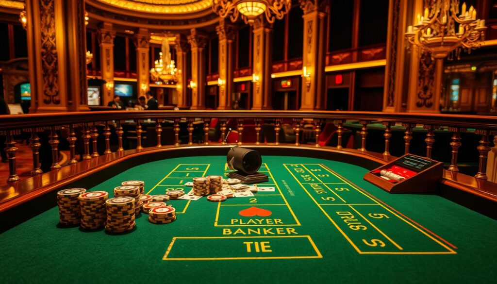 A detailed tabletop scene depicting the classic casino game of Baccarat. The table is covered in a green felt surface, with precise markings for the player, banker, and tie bets. Elegant wooden or metal railings frame the table, creating a sense of luxurious sophistication. The lighting is warm and inviting, casting a glow over the game pieces - ornate casino chips in various denominations, and a dealing shoe dispensing playing cards. In the background, there are hints of a grand casino interior, with ornate columns, chandeliers, and perhaps the faint silhouettes of other gaming tables. The scene conveys the atmosphere of a high-stakes, glamorous Baccarat game, ready to immerse the viewer in the rules and strategy of this iconic casino pastime.