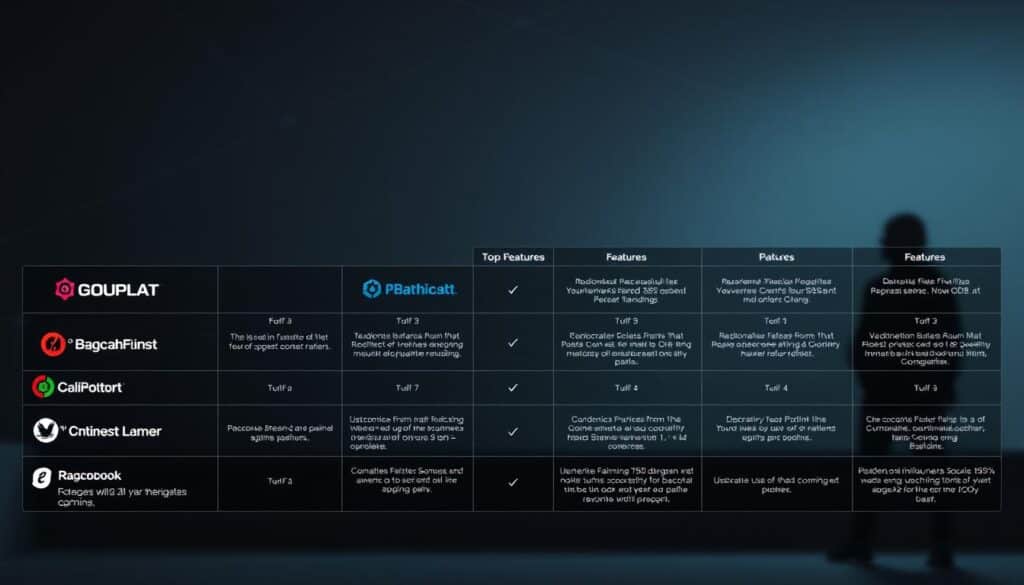 A detailed tabular comparison of the top online baccarat gaming platforms, depicted in a sleek and professional layout. The foreground showcases a series of pristine platform logos arranged in a grid, each with a succinct textual description highlighting key features. The middle ground depicts various UI elements and interface designs, conveying the user experience of navigating these platforms. The background features a subtle geometric pattern in muted tones, creating a sophisticated and authoritative visual tone. Crisp lighting and a shallow depth of field draw the viewer's focus to the core comparative information. The overall composition exudes a sense of reliability, trust and analytical insight into the baccarat gaming ecosystem.