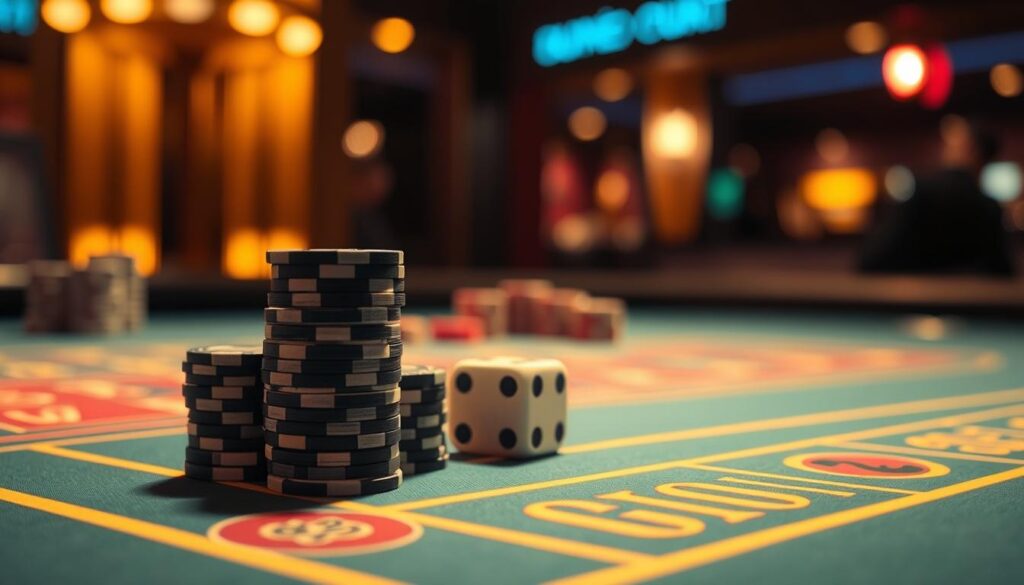 A detailed view of a casino gaming table, with a centered focus on a stack of casino chips and dice representing the importance of bankroll management in the game of Baccarat. The table is illuminated by soft, warm lighting, creating an atmosphere of strategic contemplation. The background is blurred, emphasizing the foreground elements and their significance in the context of the game. The overall composition conveys the critical role of financial discipline and prudent decision-making in achieving consistent success at the Baccarat table.