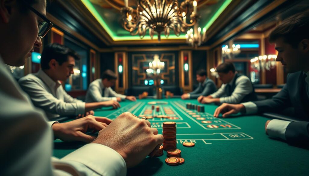 A detailed view of the Martingale strategy in action within a Baccarat casino environment. Captured through a wide-angle lens, the scene depicts the high-stakes table with players intensely focused, their hands gripping chips as they navigate the game's risks and rewards. Soft, directional lighting illuminates the green felt surface, creating a sense of drama and anticipation. In the background, the ornate decor and chandeliers of the upscale casino setting add an air of sophistication. The composition highlights the tension and decision-making process inherent in applying the Martingale approach, inviting the viewer to consider its potential advantages and pitfalls in the context of Baccarat gameplay.