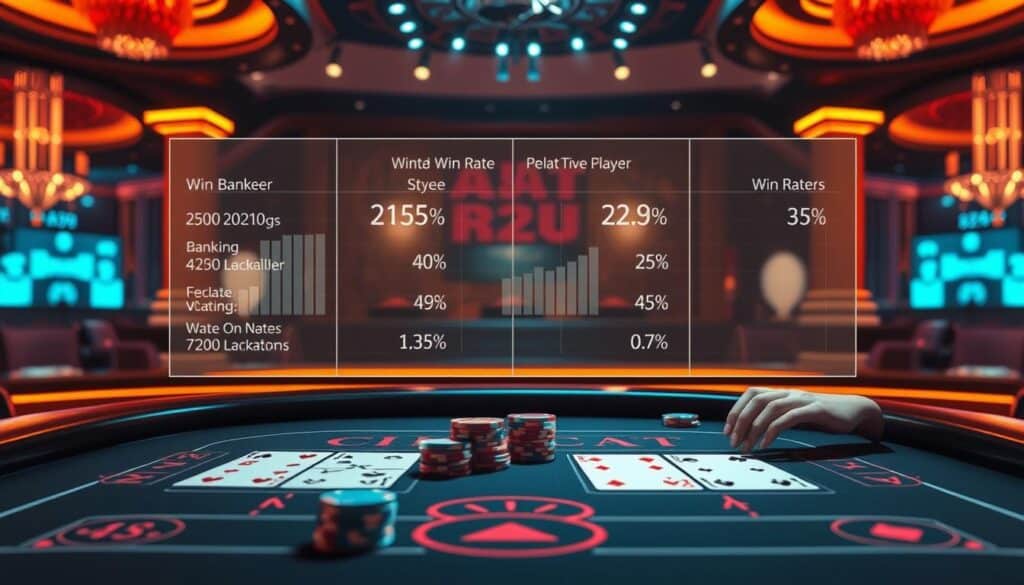 A detailed visual analysis of baccarat gameplay, depicting the relative win rates of the banker and player hands. In the foreground, a stylized baccarat table showcases the key elements of the game - the dealt cards, betting chips, and dealer's hands. The middle ground features a dynamic data visualization, presenting clear statistics and percentages on the win rates of the banker versus the player. The background evokes the sophisticated atmosphere of a high-end casino, with rich, warm lighting and a sense of anticipation. The overall composition conveys the analytical nature of the subject matter, blending realistic gameplay elements with an abstract, data-driven aesthetic.