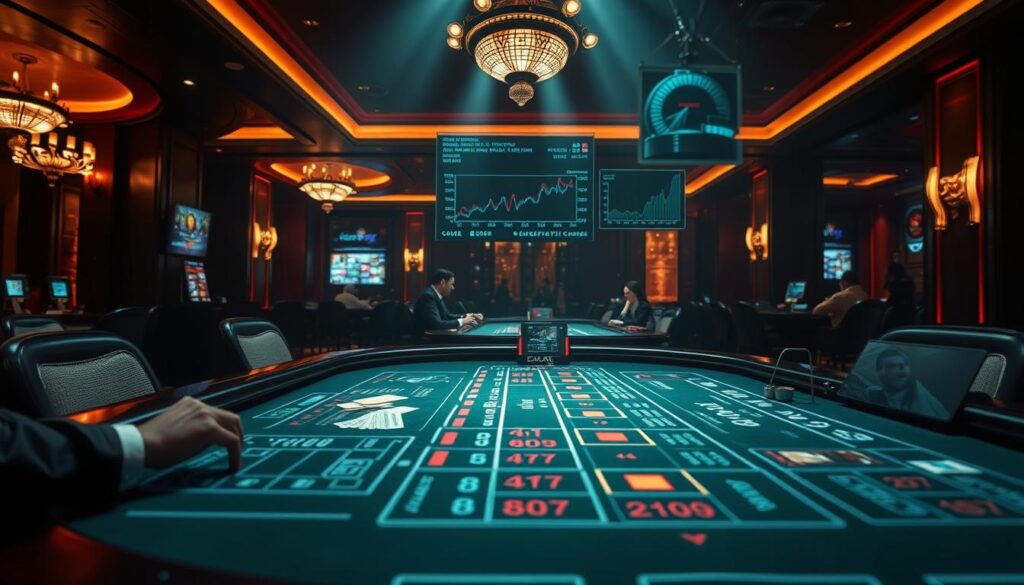 A digital display showing live data on a baccarat table, with charts and graphs illustrating the ebb and flow of betting patterns. The scene is captured with a high-resolution camera, capturing the intricate details of the table surface, the casino's luxurious interior, and the intense focus of the players. Dramatic lighting casts deep shadows, creating a moody, atmospheric ambiance that amplifies the sense of anticipation and strategizing. The perspective is slightly elevated, offering a panoramic view of the action, allowing the viewer to analyze the trends and identify potential opportunities for savvy gameplay.