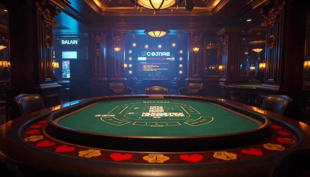 A dimly lit Baccarat table with a green felt surface, surrounded by ornate wooden and brass fixtures in an elegant casino setting. The table's layout is clearly visible, with the player and banker positions, and the additional betting areas. The lighting casts a warm, inviting glow, creating a sense of anticipation and excitement. The scene conveys the classic ambiance of a traditional Baccarat game, ready to showcase the fundamental rules and strategies of this captivating card game.