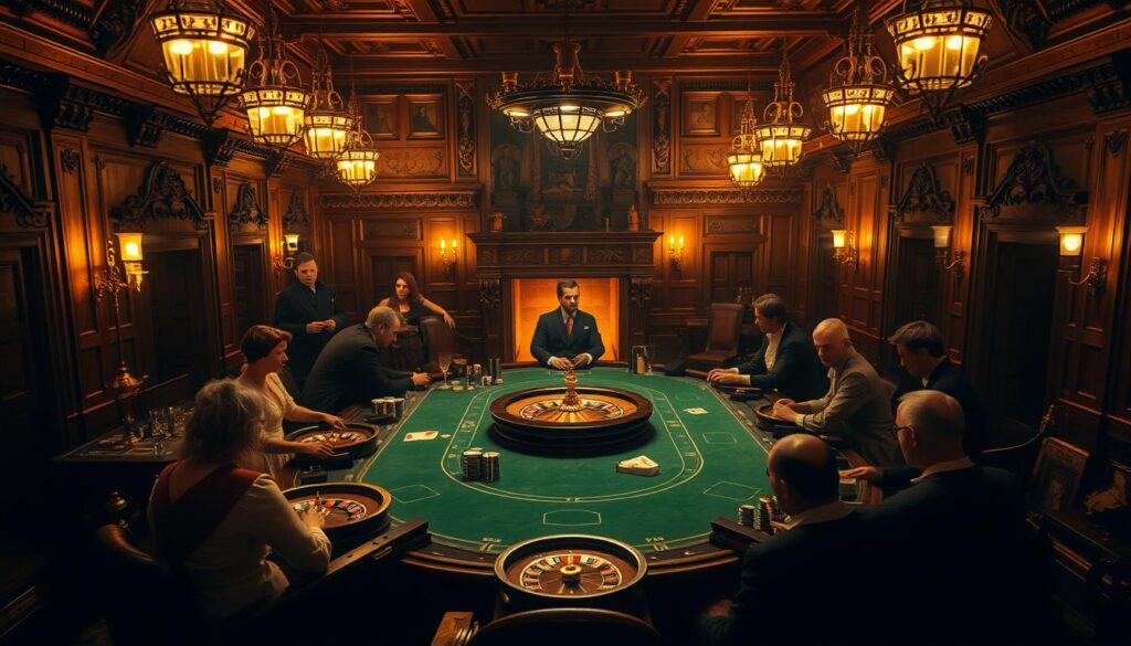 A dimly lit, antique gambling hall in 18th century Europe. The ornate, wood-paneled interior is illuminated by the warm glow of gas lamps, casting a rich, amber-hued atmosphere. At the center of the room, a green baize-covered table is surrounded by elegantly dressed patrons, engaged in a lively game of Baccarat, the precursor to Baccarat. The table is adorned with classic casino accoutrements - gold-plated roulette wheels, stacks of chips, and a croupier presiding over the proceedings. In the background, a grand fireplace crackles, and the faint sounds of conversation and the clinking of glasses add to the authentic, historical ambiance. The scene evokes the origins and evolution of this iconic casino game.
