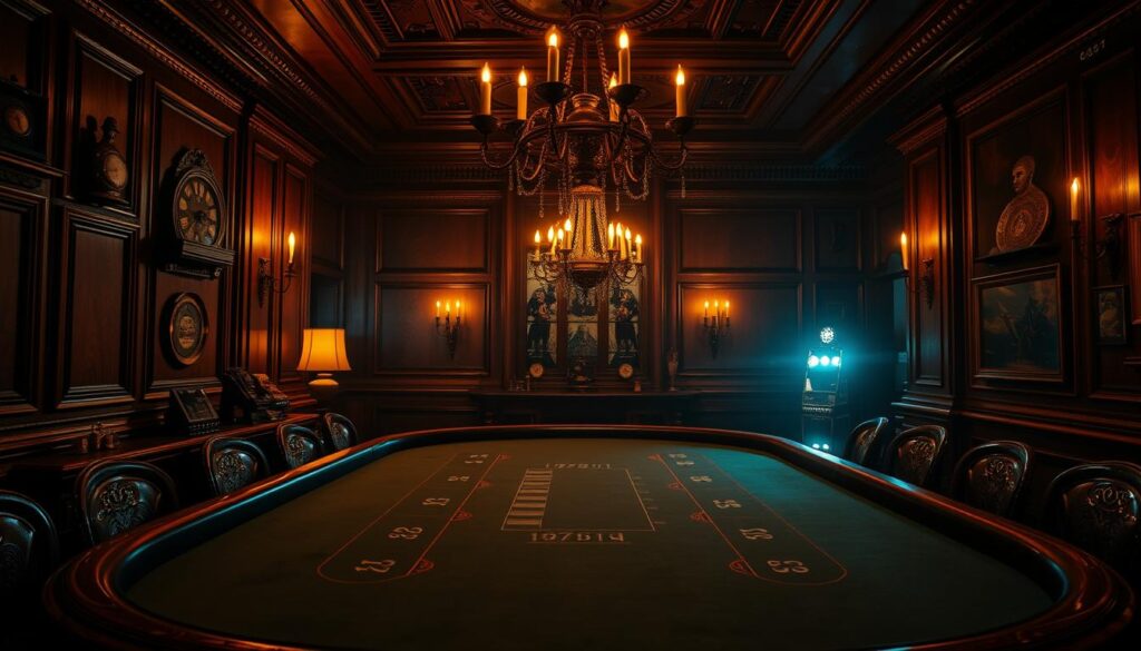A dimly lit, antique-style casino interior with a classic baccarat table at the center. The table is illuminated by warm, flickering candlelight, casting intriguing shadows across the felt surface. Elegant, wood-paneled walls are adorned with vintage gambling paraphernalia, hinting at the game's storied history. In the background, a large, ornate chandelier hangs overhead, adding a touch of grandeur to the scene. The overall atmosphere is one of timeless sophistication, evoking the origins and evolution of the beloved baccarat game.