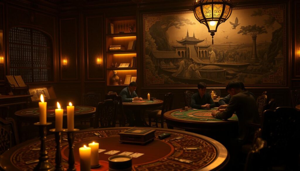 A dimly lit, antique-style gambling hall in ancient China, featuring intricately carved wooden tables and chairs. The atmosphere is one of mystery and refined elegance, with soft candlelight casting warm shadows across the scene. In the foreground, a group of high-stakes players engaged in a lively game of Baccarat, their faces obscured by the flickering light. The middle ground showcases the historical evolution of the game, with ancient scrolls and gambling implements displayed on ornate shelves. In the background, a mural depicts the origins of the game, tracing its journey from the Silk Road to the imperial courts. The overall composition evokes a sense of timeless tradition and the enduring allure of this classic casino game.