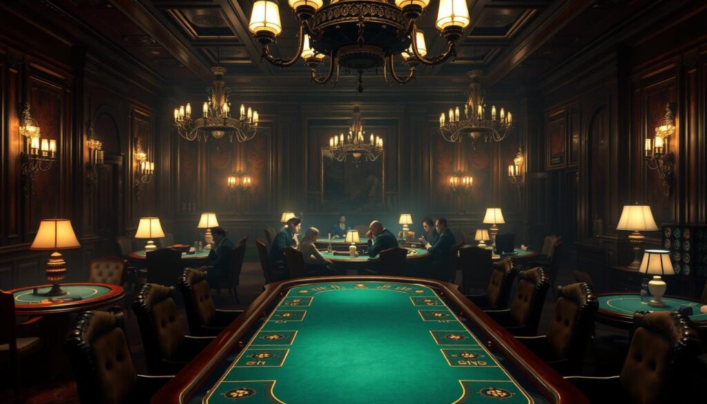A dimly lit, atmospheric casino interior with a classic casino game table in the foreground. The table is adorned with a green felt surface and surrounded by plush, high-backed chairs. In the middle ground, patrons are engaged in intense games, their faces illuminated by the warm glow of table lamps. The background is hazy, with hints of ornate chandeliers and rich, wood-paneled walls, evoking a sense of history and tradition. The lighting is soft and moody, casting dramatic shadows and creating a palpable sense of intrigue and anticipation. The overall scene conveys the timeless allure and origins of the classic casino game, Baccarat.