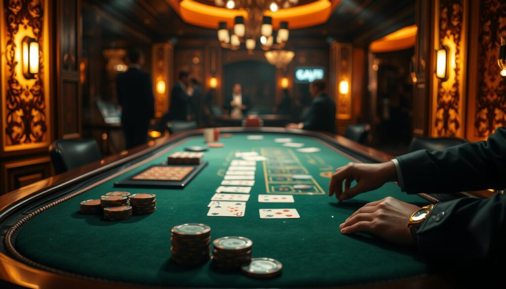 A dimly lit baccarat table with a green felt surface, illuminated by warm overhead lighting. The table is surrounded by intricately carved wooden frames, creating a sense of elegance and tradition. In the foreground, the cards and chips are arranged in a precise manner, hinting at the strategic gameplay. The middle ground showcases the dealer's hands dealing the cards, emphasizing the mechanical precision of the game. In the background, a slight blur reveals the shadowy silhouettes of players, capturing the excitement and anticipation of the game. The overall atmosphere is one of sophistication and focus, reflecting the rules and nuances of the baccarat game.