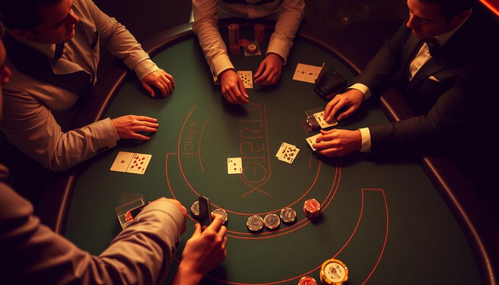 A dimly lit baccarat table with a green felt surface, surrounded by players in formal attire. The dealer's hands expertly deal the cards, the chips clink as bets are placed. The scene is captured from an overhead angle, highlighting the intricate patterns on the table and the intense focus of the participants. Soft, warm lighting casts shadows, creating a sense of drama and anticipation. The atmosphere is one of high-stakes, calculated risk-taking, where every decision could make or break a player's fortune. This image embodies the strategic analysis and real-world feedback at the heart of the baccarat gameplay experience.