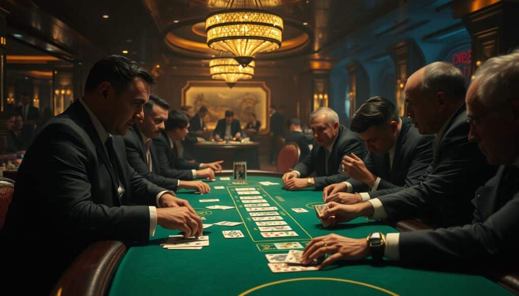 A dimly lit casino floor, the green felt of a baccarat table in sharp focus. The dealer's hands expertly shuffling and dealing cards, their movements precise and practiced. Across the table, players lean in, their expressions intense as they scrutinize their cards and the faces of their opponents, searching for the slightest tells. The air is charged with anticipation, the soft murmur of conversation punctuated by the occasional gasp or exclamation. The scene is bathed in a warm, golden light, casting dramatic shadows and highlighting the nuances of the players' body language and facial features. A sense of high-stakes excitement permeates the environment, drawing the viewer into the subtle dance of observation and strategy that defines this timeless game of chance.