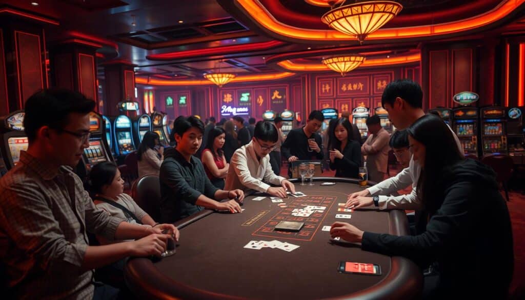 A dimly lit casino interior, bathed in a warm amber glow. In the foreground, a group of enthusiastic Taiwanese players gathered around a felt-covered baccarat table, their faces alight with concentration and excitement. The dealer, dressed in a crisp white shirt, effortlessly deals the cards, as the players eagerly place their bets. In the middle ground, other gamblers mingle, some sipping drinks, others watching the action unfold. The background is hazy, with the faint outline of slot machines and other gaming tables, creating a sense of bustling activity. The atmosphere is one of anticipation and entertainment, capturing the allure of baccarat's addictive gameplay that has captivated the Taiwanese market.