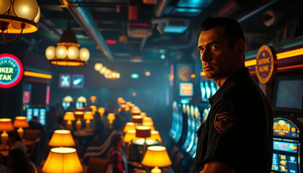 A dimly lit casino interior, bathed in the warm glow of table lamps and the flashing lights of slot machines. In the foreground, a security guard stands vigilant, his gaze sweeping the room with a practiced eye. The middle ground reveals a bustling crowd of players, their expressions a mix of concentration and excitement as they engage with the games. In the background, discreet security cameras monitor the proceedings, ensuring the integrity and safety of the establishment. The overall atmosphere conveys a sense of controlled chaos, where the allure of chance is balanced by the reassuring presence of strong security measures.