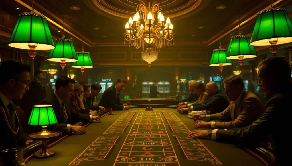 A dimly lit casino interior featuring a classic baccarat table in the foreground. The table is surrounded by well-dressed casino patrons engaged in the game, their expressions a mix of concentration and anticipation. The table surface is illuminated by the warm glow of green-shaded lamps, casting a sophisticated ambiance. In the middle ground, an ornate chandelier hangs overhead, casting a soft light on the scene. The background is filled with the subtle hum of activity, with waitstaff attending to guests and the faint sound of slot machines and chatter in the distance. The overall atmosphere evokes the timeless elegance and excitement of the baccarat experience.