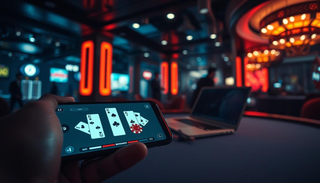 A dimly lit casino interior, filled with the allure of online gambling. In the foreground, a smartphone displays the sleek interface of a virtual baccarat table, its cards and chips meticulously rendered. The middle ground features a laptop, symbolizing the convenience and accessibility of online play. In the background, a sense of unease creeps in, with shadowy figures hinting at the potential risks and pitfalls of indulging in online casino games. The mood is one of cautious excitement, capturing the duality of the online gaming experience - the thrill of the game balanced against the unseen dangers that lurk beneath the surface. Crisp, cinematic lighting heightens the drama, drawing the viewer's attention to the contrasts between the alluring and the ominous.