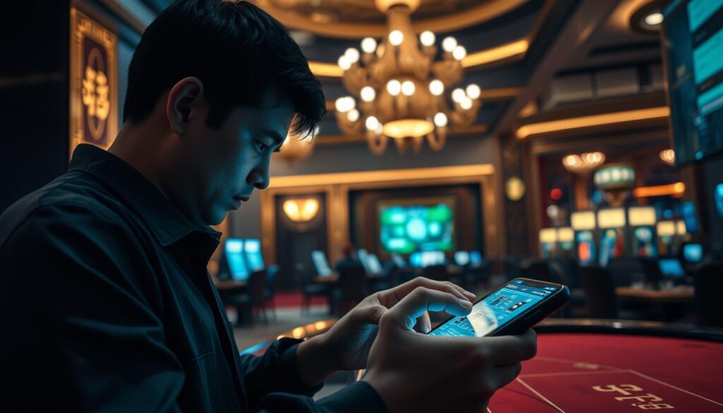 A dimly lit casino interior, illuminated by the glow of digital screens. In the foreground, a focused player intently taps on their mobile device, fully immersed in the online Baccarat game. The middle ground reveals a backdrop of ornate decor, hinting at the luxurious atmosphere of the virtual gambling experience. Subtle reflections on the polished surfaces create a sense of depth and ambiance. The atmosphere is one of concentration and anticipation, as the player navigates the thrilling world of online Baccarat, showcasing the captivating nature of this popular Taiwanese gaming pastime.