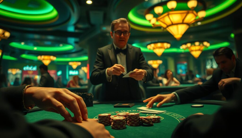A dimly lit casino interior, illuminated by the warm glow of green felt tables. In the foreground, a player's hands meticulously arrange a stack of casino chips, their face focused and intent. The middle ground showcases a dealer expertly shuffling a deck of cards, their movements fluid and precise. In the background, the bustling energy of the casino is captured, with patrons engaged in the thrilling game of Baccarat, their expressions a mix of concentration and anticipation. The scene is rendered with a cinematic quality, the lighting casting dramatic shadows and highlighting the high-stakes tension of the moment. This image encapsulates the essence of "成功百家樂技巧" - the mastery of strategy, discipline, and the thrill of the game.