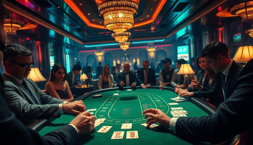A dimly lit casino interior, illuminated by the warm glow of table lamps and neon accents. At the center, a grand baccarat table with its iconic green felt surface, surrounded by smartly dressed players eagerly watching the cards unfold. In the foreground, a croupier's hands deftly shuffle and deal the cards, their movements precise and practiced. The table's layout is clearly visible, with the player and banker positions marked, inviting the viewer to immerse themselves in the game's strategic allure. The atmosphere is one of anticipation and excitement, as the players lean in, weighing their options and contemplating their next move in this timeless game of chance.