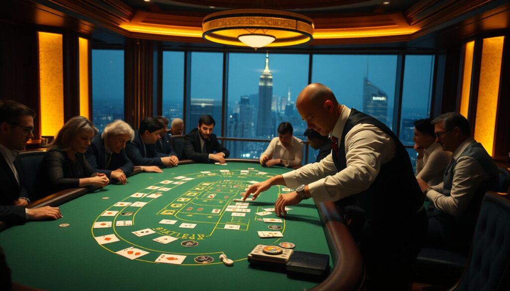 A dimly lit casino interior, illuminated by warm golden lighting. In the foreground, a polished green baize table with a croupier in a crisp white shirt and black vest, dealing cards with precision. Around the table, players lean in with a mixture of concentration and anticipation, their faces cast in dramatic shadows. In the background, a panoramic view of the city skyline through floor-to-ceiling windows, hinting at the high-stakes world of online gambling. The scene exudes an air of sophistication and excitement, reflecting the strategic techniques and careful decision-making required to win at the game of Baccarat.