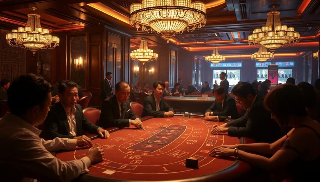 A dimly lit casino interior in Taiwan, with a lively baccarat table in the foreground. The table is surrounded by players intently focused on the game, their expressions a mix of tension and excitement. The lighting casts deep shadows, creating a moody, atmospheric ambiance. In the background, discreet security personnel monitor the proceedings, while the ornate decor and chandeliers evoke the grandeur of a bygone era. The scene conveys the high-stakes, immersive experience of playing baccarat in a Taiwanese casino.