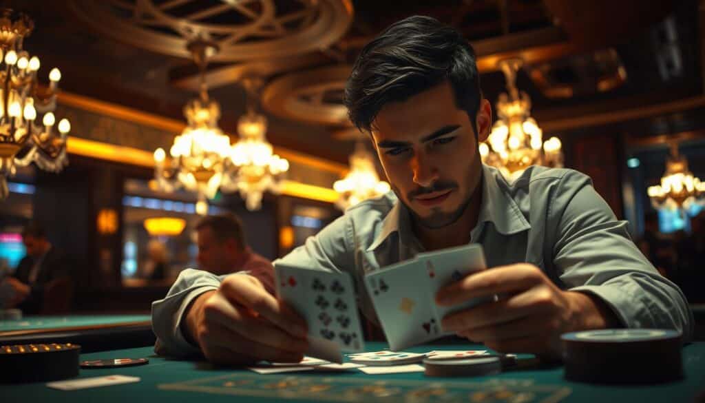 A dimly lit casino interior, the air thick with anticipation. At the baccarat table, a player intently studies the cards, employing advanced card counting techniques. Meticulously tracking the flow of the game, they maintain laser-like focus, their hands poised to make split-second decisions. Cascading light from hanging chandeliers casts warm, dramatic shadows across the table, heightening the intensity of the moment. The player's expression is one of deep concentration, a subtle grin hinting at their mastery of the art of baccarat card counting. The background is blurred, drawing the viewer's attention to the central figure and their unfolding strategy.
