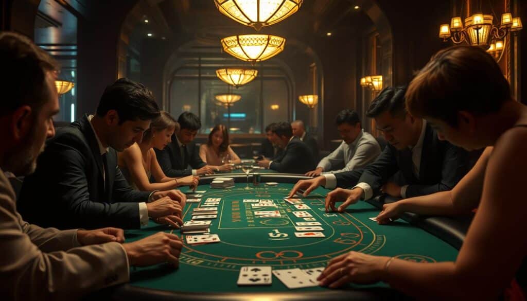 A dimly lit casino interior, the air thick with anticipation. At the center, a green baize table, the iconic baccarat game in full swing. Elegant players lean in, studying the cards with intense focus, their faces cast in the warm glow of the table lamps. The dealer, a seasoned professional, deftly shuffles and deals, their movements precise and calculated. In the background, the faint sound of clinking glasses and muted conversation, creating an atmosphere of sophisticated indulgence. The scene evokes a sense of strategy, skill, and the potential for great rewards, hinting at the secrets to mastering this captivating game of chance.