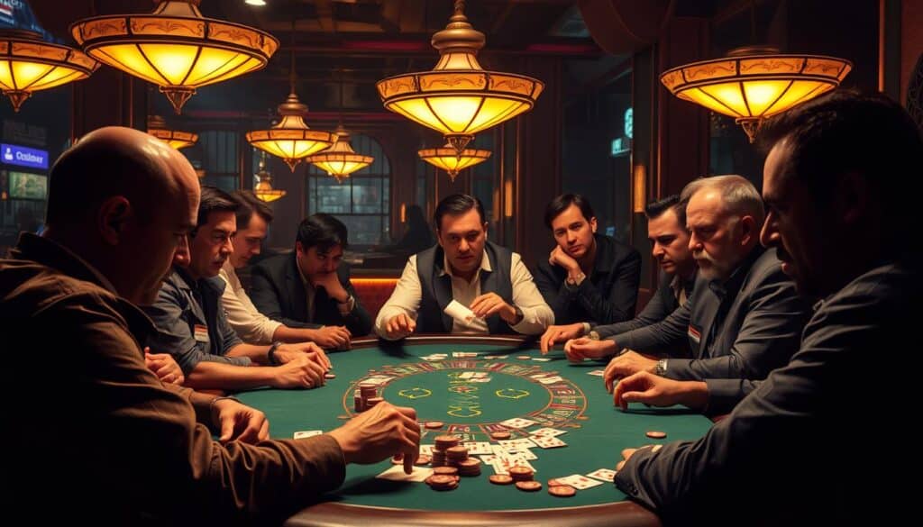 A dimly lit casino interior, the air thick with anticipation. In the center, a baccarat table surrounded by players, their faces etched with intense concentration. The green felt surface reflects the warm glow of overhead lamps, casting a subtle ambiance. Chips are stacked high, hands move with practiced precision as the cards are dealt. Expressions range from elation to dejection, mirroring the fortunes of the game. The atmosphere is one of both tension and camaraderie, a shared experience of risk and reward. This is the world of the seasoned baccarat player, their insights and strategies forged through countless hours at the table.