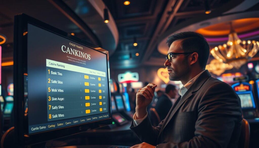 A dimly lit casino interior, the air thick with anticipation. In the foreground, a computer monitor displays a ranking of casino websites, the top sites highlighted with a soft glow. The middle ground features a well-dressed gambler, deep in thought as they navigate the site, considering their options. In the background, the hustle and bustle of the casino floor can be seen, with people engaged in various games of chance. The lighting is warm and atmospheric, casting a golden hue over the scene. The overall mood is one of careful consideration, as the gambler weighs the influence of the website rankings on their decision-making process.