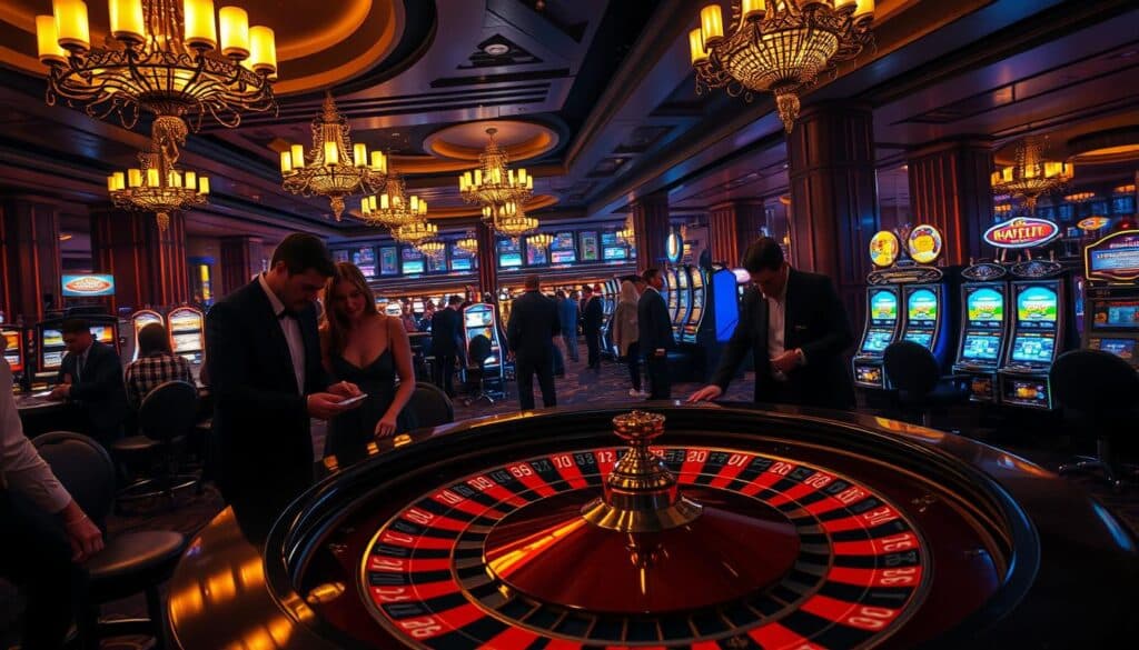 A dimly lit casino interior, the air thick with anticipation. In the foreground, a stylized roulette table, its spinning wheel and glossy surface catching the soft, warm glow of overhead chandeliers. Surrounding the table, well-dressed patrons lean in, their faces alight with a mix of concentration and excitement. In the middle ground, a row of slot machines blink and chime, their vibrant lights and sounds creating an electric atmosphere. Beyond, the background reveals a panoramic view of the casino, with elegant décor, plush carpets, and a sense of opulence and opportunity pervading the scene. The overall mood is one of sophistication, indulgence, and the thrill of high-stakes gaming.