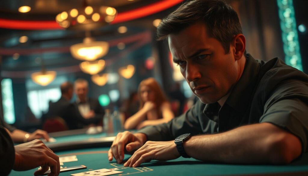 A dimly lit casino interior, the air thick with tension. At the baccarat table, a player sits, their expression etched with concentration, the weight of psychological factors palpable. Soft lighting casts dramatic shadows, highlighting the player's furrowed brow and the cards on the table. In the background, the blur of other players and the subdued chatter create an atmosphere of high-stakes decision-making. The scene captures the profound impact of the mind on the game of baccarat, where logic, emotion, and intuition intertwine to shape the outcome.