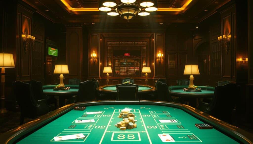 A dimly lit casino interior, the air thick with the aroma of cigars and the sound of clinking chips. In the center, a pristine baccarat table illuminated by the soft glow of table lamps, inviting players to test their fortunes. The table is adorned with a green felt surface, crisp white dealer's cards, and an array of gleaming gold and silver chips. Surrounding the table, high-backed chairs await the strategic gamblers, their faces cast in dramatic shadows as they contemplate their next moves. The overall atmosphere exudes a sense of tension and anticipation, the promise of potential riches palpable in the air.