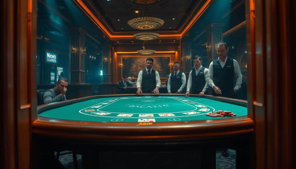 A dimly lit casino interior, the atmosphere thick with anticipation. In the center, a pristine baccarat table, the green felt a canvas for the game's timeless rituals. Ornate wooden trim frames the scene, creating a sense of old-world elegance. Dealers in crisp white shirts and black vests stand ready, their hands poised to deal the cards that will determine the fate of the players. The lighting casts a warm, subdued glow, accentuating the subtle textures of the materials. The camera angle captures the table at a slight angle, inviting the viewer to step into the captivating world of baccarat and discover its fundamental rules.