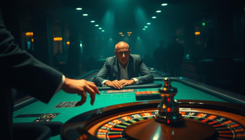 A dimly lit casino interior, the atmospheric glow of green felt tables casting shadows across the scene. In the foreground, a croupier's hands expertly manipulate the roulette wheel, the ball spinning with anticipation. The middle ground features a player intently studying the table, their expression one of focused determination as they contemplate the next move of the Martingale strategy. In the background, the hazy silhouettes of other gamblers can be seen, creating a sense of the bustling casino environment. The lighting is moody and dramatic, highlighting the tension and risk inherent in this high-stakes betting system. The overall composition conveys the calculated precision and potential for both triumph and ruin that epitomizes the Martingale approach to baccarat.