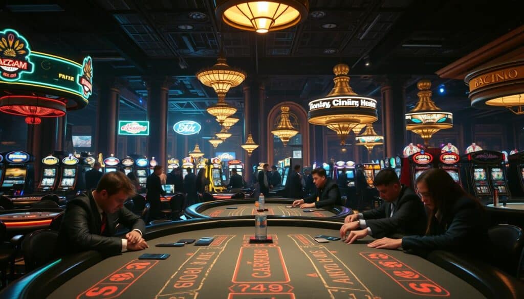 A dimly lit casino interior, the glow of neon signs casting a warm hue across the tables. In the foreground, a baccarat table with players engaged in an intense game, their faces etched with concentration. The middle ground showcases the bustling activity of the casino floor, patrons moving between tables and slots, creating a sense of energy and anticipation. In the background, the ornate decor and high ceilings of the establishment lend an air of sophistication. Soft lighting casts dramatic shadows, adding depth and drama to the scene. The overall atmosphere is one of excitement and intrigue, capturing the essence of the latest baccarat gaming news.