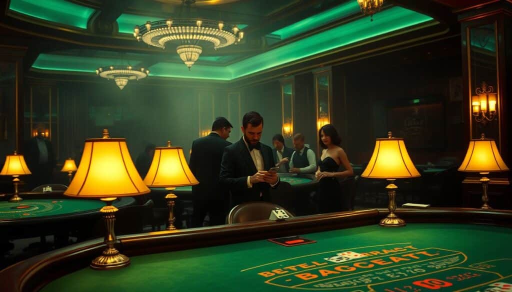 A dimly lit casino interior, the green baize of a baccarat table in the foreground, illuminated by the warm glow of table lamps. In the middle ground, elegant players gathered around the table, focused expressions on their faces as they observe the cards dealt. The background fades into a hazy atmosphere, evoking the sense of a sophisticated, high-stakes gaming experience. The scene conveys the allure and mystique of the baccarat game, drawing the viewer into the captivating world of casino gaming.
