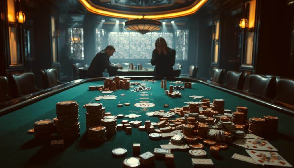 A dimly lit casino interior, the green baize table of a baccarat game in the foreground. Stacks of chips, cards, and dice scattered haphazardly, conveying a sense of confusion and misunderstanding. In the background, shadowy figures huddle over the table, lost in thought. Dramatic chiaroscuro lighting casts dramatic shadows, emphasizing the feeling of uncertainty and the potential for costly mistakes. The scene evokes the common pitfalls and misconceptions that players often face when trying to predict the outcome of this classic casino game.