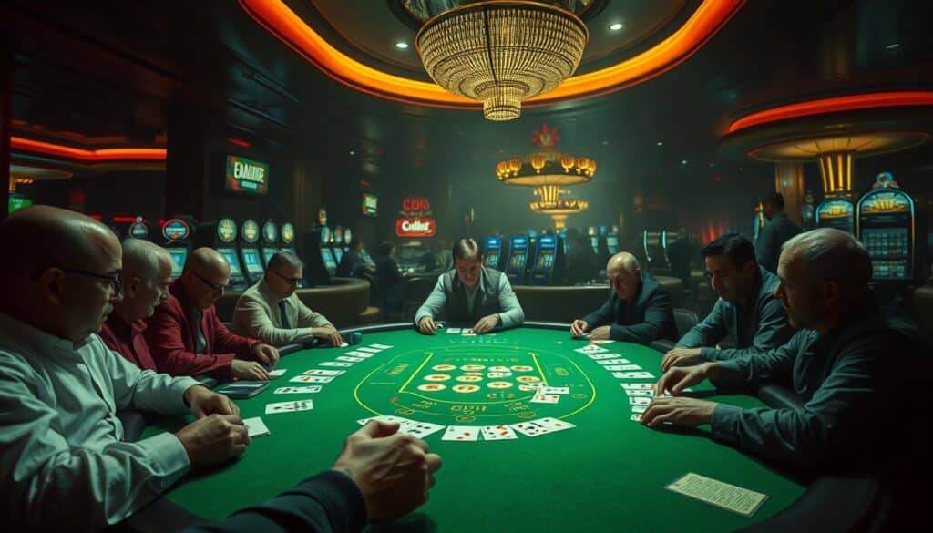 A dimly lit casino interior, the green felt of a baccarat table at the center. Overhead, a soft warm glow casts a contemplative atmosphere. Seated around the table, players lean in, brows furrowed in concentration, analyzing the patterns of the cards dealt. In the background, the hum of slot machines and the occasional cheer punctuate the scene. The focal point is a lone gambler, deep in thought, considering their next move - the psychology of winning at baccarat, the silent calculations, the emotional control required to gain the upper hand.