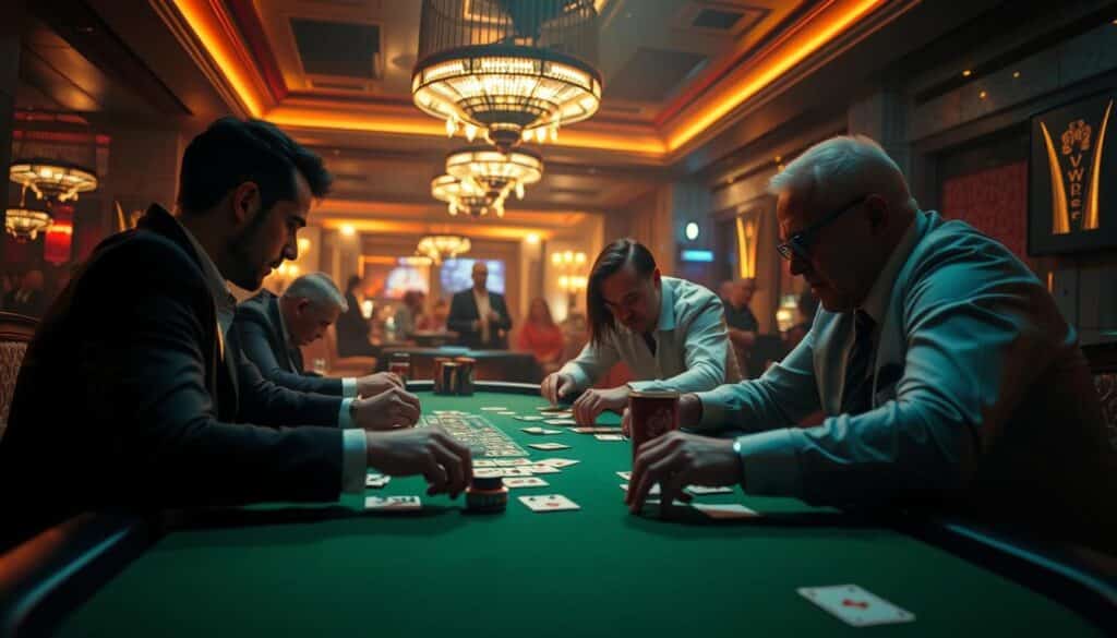 A dimly lit casino interior, the green felt of a baccarat table illuminated by soft, warm lighting. Across the table, cards are dealt with precision, players leaning in, expressions intense as they study the unfolding game. In the background, the hum of activity - the clink of glasses, muted conversations, and the occasional celebratory cheer. The atmosphere is one of calculated risk and thrilling anticipation, the air thick with the promise of strategies and secrets that could unlock the keys to baccarat victory. The camera angle captures the scene from an oblique perspective, drawing the viewer into the heart of the action, inviting them to ponder the nuances of this captivating game.