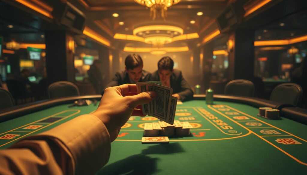 A dimly lit casino interior, the green felt of a baccarat table illuminated by soft, warm lighting. In the foreground, a dealer's hands nimbly shuffle and deal the cards, their precision and dexterity on full display. The middle ground features players leaning in, deep in concentration, their faces partially obscured by the shadows, reflecting the intensity of the game. In the background, the rest of the casino fades into a hazy, atmospheric blur, creating a sense of focus and immersion. The scene conveys the tension and strategy of online baccarat, with a moody, cinematic aesthetic that evokes the allure and mystique of this iconic casino game.