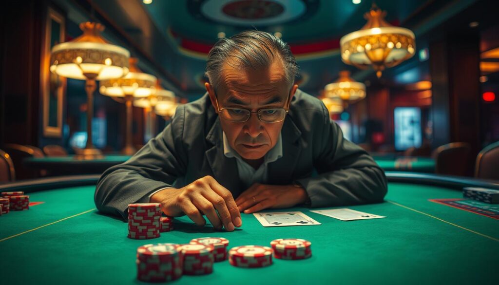 A dimly lit casino interior, the green felt of a baccarat table illuminated by the warm glow of table lamps. A seasoned Taiwanese gambler, their face etched with experience, leans forward intently, studying the cards with a steely gaze. The table is sparse, save for a neat stack of chips and a focused expression. The atmosphere is one of calculated risk and strategic acumen, capturing the essence of a high-stakes baccarat game mastered by a skilled player. The scene is shot with a shallow depth of field, drawing the viewer's attention to the central figure and the drama unfolding on the table.