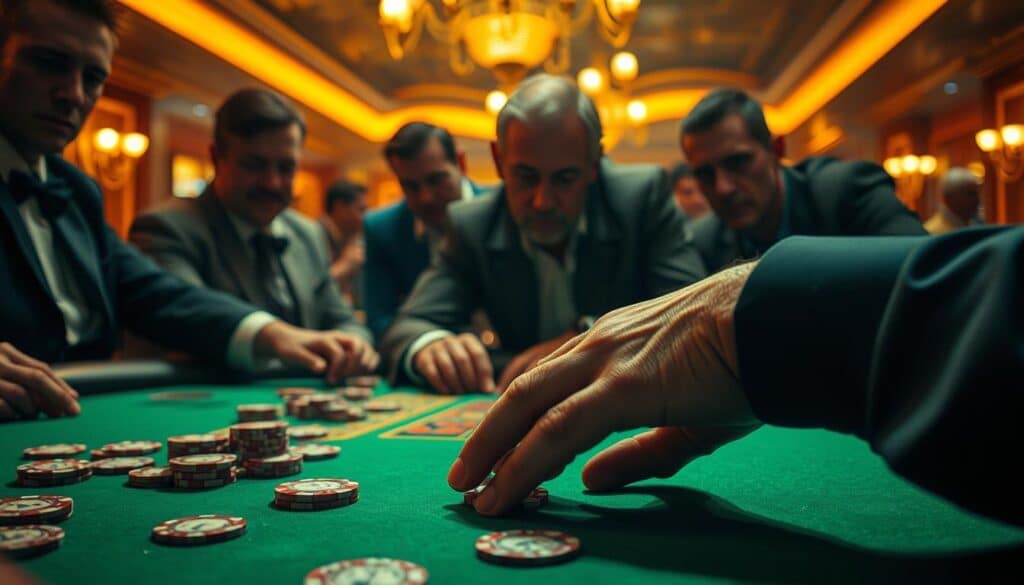 A dimly lit casino interior, the green felt of a baccarat table illuminated by warm, golden lighting. On the table, casino chips in varying denominations are scattered, hinting at an intense game in progress. In the foreground, the weathered hands of a seasoned gambler are poised, ready to make their next strategic move. Behind them, other players lean in, expressions intense as they analyze the unfolding scenario. The atmosphere is one of focus and high stakes, capturing the essence of an expert's baccarat gameplay.