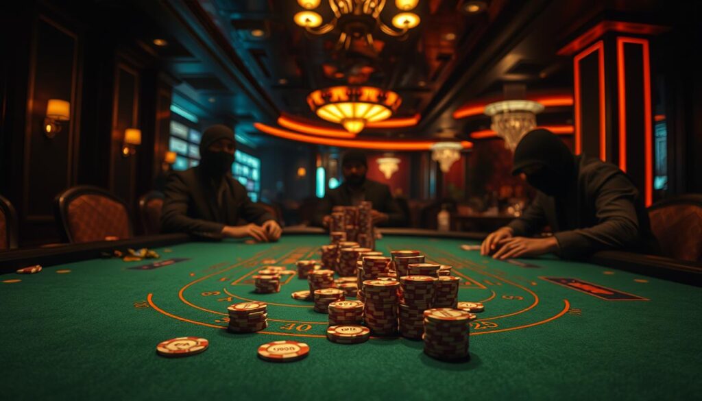 A dimly lit casino interior, the green felt of a baccarat table illuminated by warm overhead lighting. On the table, casino chips in varying denominations are arranged in a strategic pattern, representing a carefully planned betting system. The scene exudes a sense of concentration and calculation, hinting at the nuanced strategies involved in mastering the game of baccarat. The players' faces are obscured, emphasizing the focus on the table and the mechanics of the game. The atmosphere is one of quiet intensity, capturing the essence of "如何制定有效的投注計畫" within the broader context of "了解百家樂遊戲規則關鍵點：贏得策略大公開."