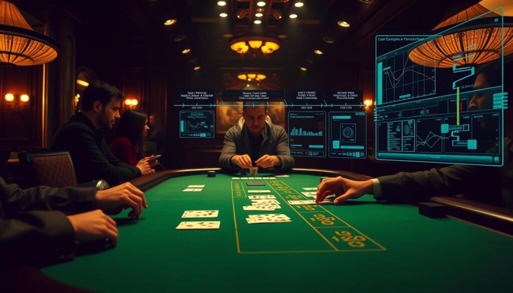 A dimly lit casino interior, the green felt of a baccarat table in the foreground. In the middle ground, the dealer's hands expertly shuffle and deal the cards, while players observe intently, studying the flow of the game. In the background, a timeline of baccarat strategy evolution unfolds, depicting the transition from traditional approaches to modern computational techniques, represented by holographic overlays and data visualizations. Soft, warm lighting casts an atmospheric glow, evoking the contemplative mood of the strategic mind. The scene conveys the essence of the article's subject - the incremental refinement of baccarat gameplay over time, as players strive to gain an edge through ever-evolving tactics.