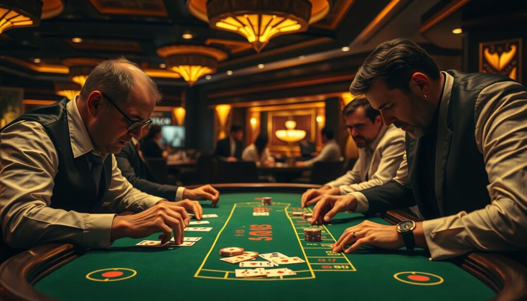A dimly lit casino interior, the green felt of a baccarat table taking center stage. Experienced players lean in, intensely focused on their cards and chips, their expressions a mix of concentration and anticipation. Warm lighting casts a golden glow, creating an atmosphere of high-stakes excitement. In the background, the faint sounds of shuffling cards and the murmur of conversation can be heard. The table is meticulously detailed, with precisely placed betting areas and a elegant, carved wooden frame. The players' hands are poised, ready to make the next move, their strategies honed through years of practice. This image captures the essence of the baccarat gaming experience, showcasing the skill and technique required to master the game.