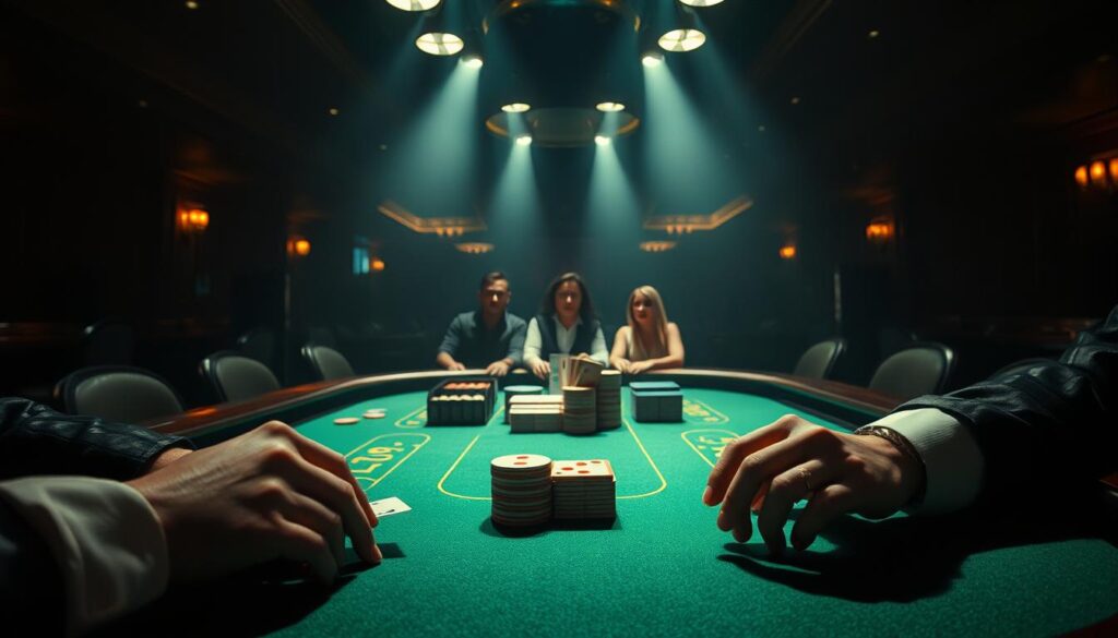 A dimly lit casino interior, the green felt of a baccarat table taking center stage. Dramatic overhead lighting casts long shadows across the table, creating a sense of tension and mystery. In the foreground, a confident gambler's hands expertly manipulate the cards, their eyes fixed on the unfolding game. The middle ground features a small group of onlookers, their expressions rapt with anticipation. The background is hazy, filled with the hushed murmurs of the casino, creating an atmosphere of quiet intensity. The image conveys the skill, focus, and success of a seasoned baccarat player, embodying the "高手的成功案例分析" described in the article.