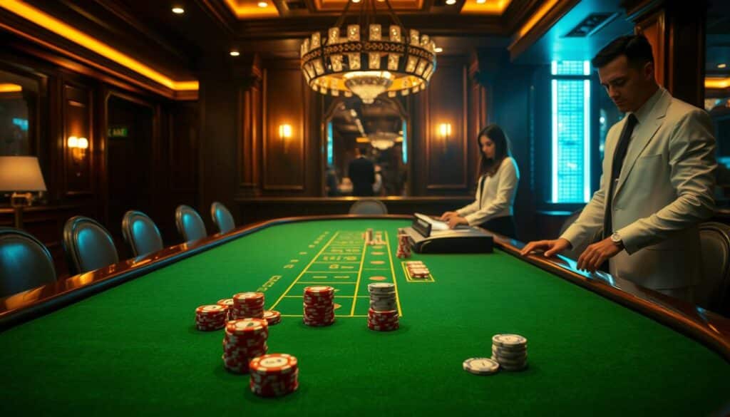 A dimly lit casino interior, the green felt of a baccarat table taking center stage. Elegant croupiers stand at the ready, their crisp white uniforms creating a contrast against the rich, mahogany wood surroundings. On the table, various betting chips are neatly arranged, each denomination clearly visible. The lighting is warm and inviting, casting a soft glow across the scene, drawing the viewer's attention to the decision-making process of selecting the optimal betting strategy. The atmosphere is one of anticipation and strategic contemplation, capturing the essence of the "選擇正確的投注方式" section of the article.