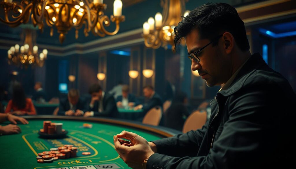 A dimly lit casino interior, the green felt of a baccarat table taking center stage. Elegant chandeliers cast a warm glow, highlighting the concentration on the players' faces as they carefully consider their next move. In the foreground, a thoughtful gambler studies the chips in their hand, weighing probabilities and strategizing their next bet. The background is hazy, suggesting the intense focus within this moment of decision-making, the only sounds the subtle click of chips and the murmur of quiet conversation. A sense of tension and anticipation permeates the scene, as the gambler contemplates the most effective betting strategy to maximize their winnings.